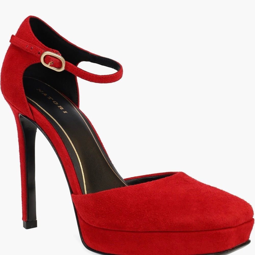 Natori Sae Red Suede Ankle Strap Heels